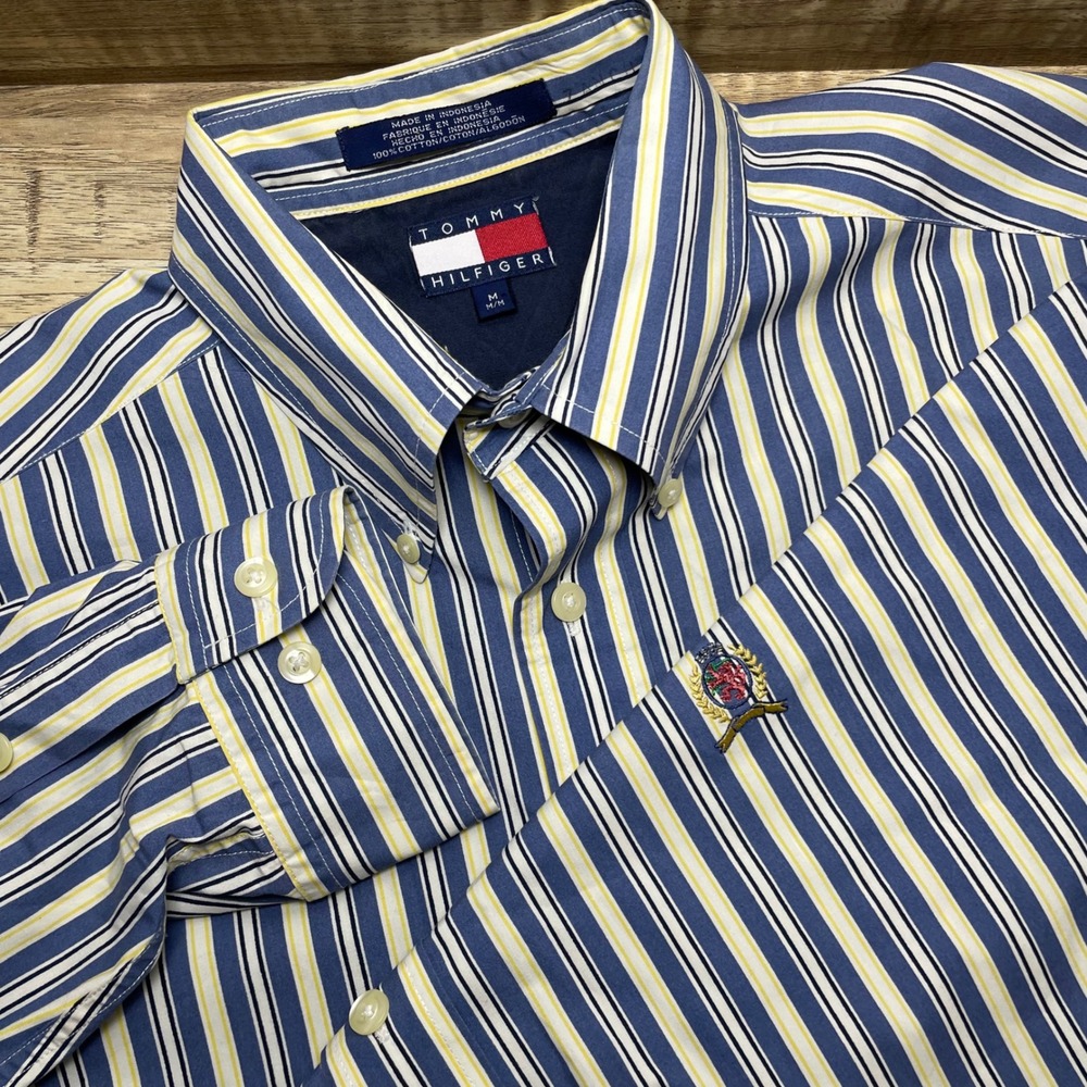 Vintage Tommy Hilfiger Mens Blue Yellow Striped Button Down Shirt Crest Medium